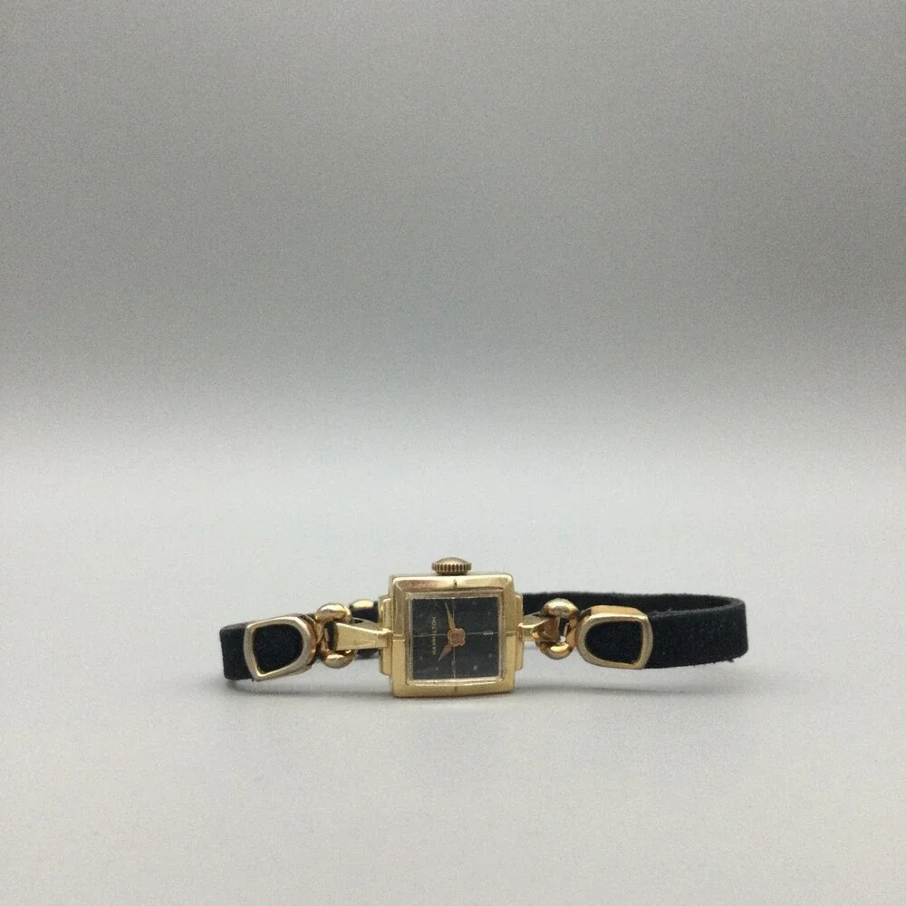 Vintage Hamilton Womens Watch 14mm 14K Gold Manual Wind Leather Band